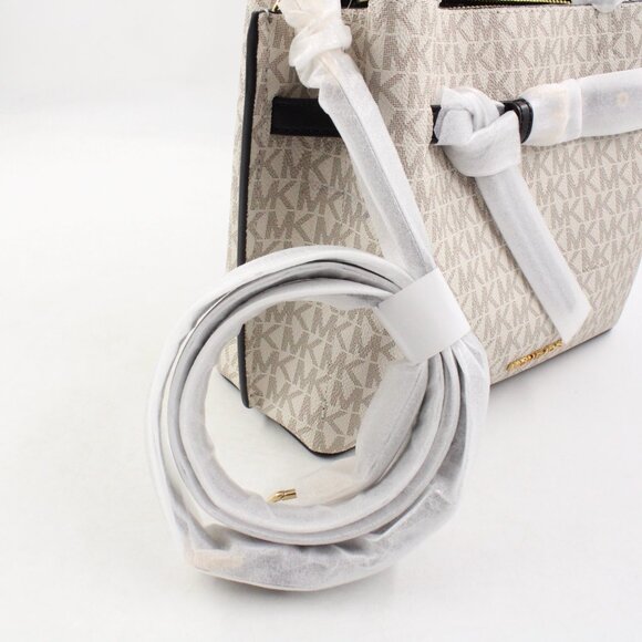NWT Michael Kors Emilia Small Logo-Print Coated Canvas Satchel in Vanilla/Black - Picture 6 of 12